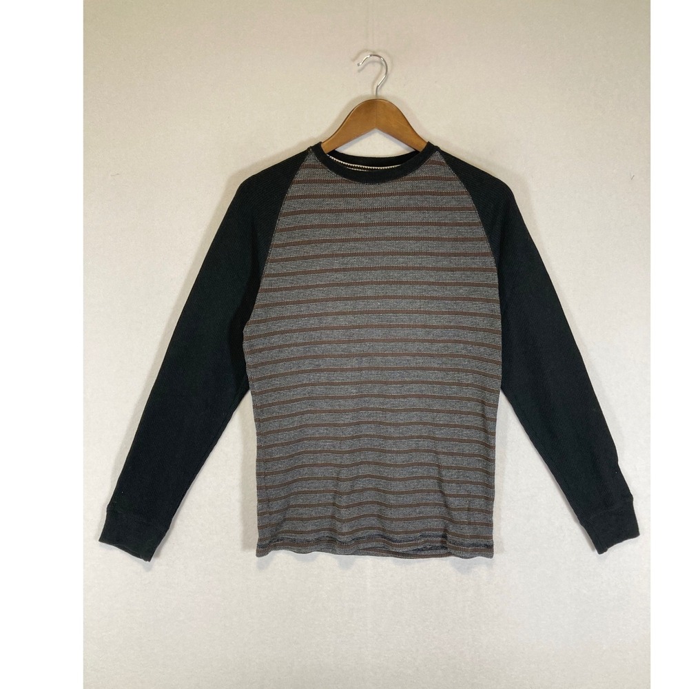 Grunge Gorpcore Distortion Mens Medium Black Gray Striped Raglan Thermal Shirt